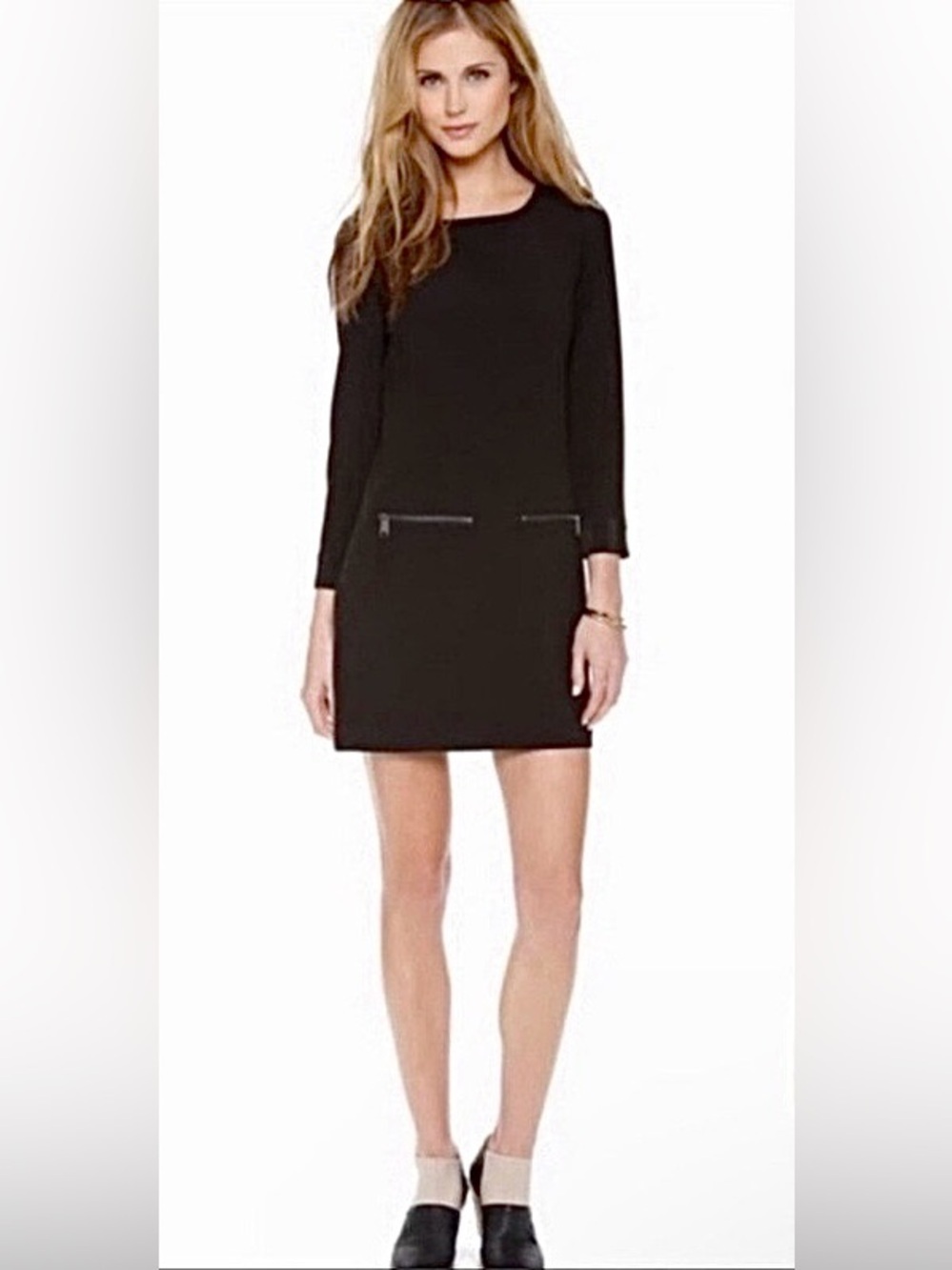 Madewell Chic & Sleek Preppy Black 3/4 Sleeve Zip-Pocket Shift Dress, Size XS